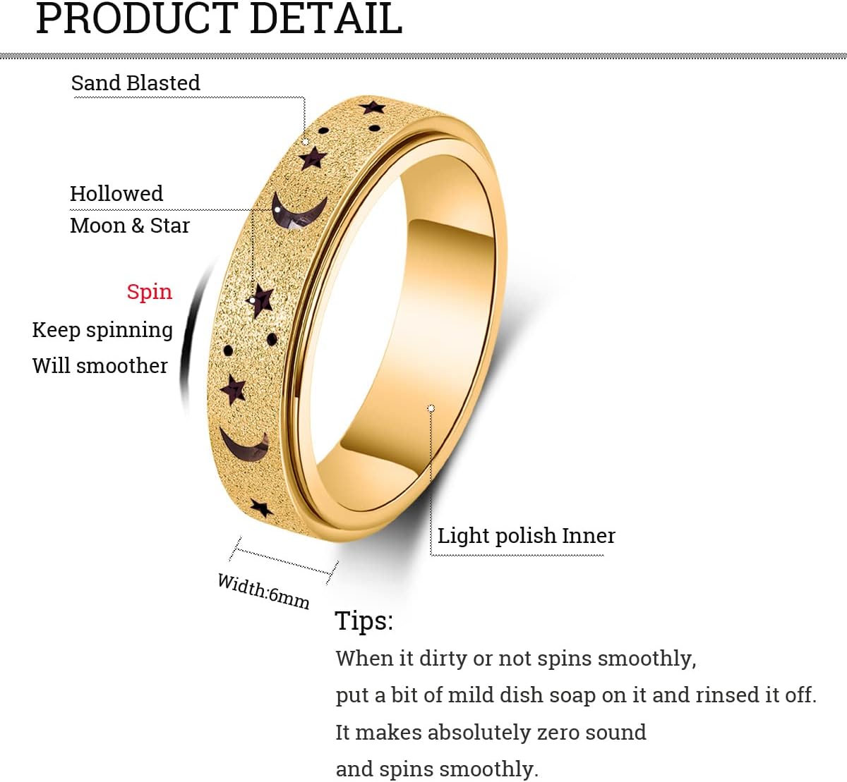 Anxiety Ring for Women Men, Titanium Stainless Steel Spinner Ring, 5 Colors, 6MM, Size 6-10, 3 Styles Anxiety Ring-Moon Star, Sandblasted Finished, Hollow Outer