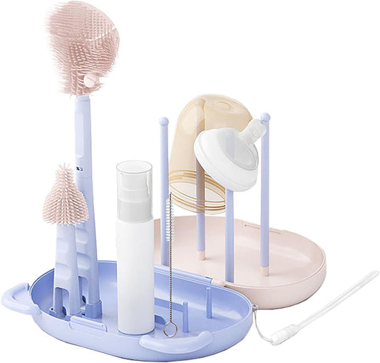 HOEREV Portable Baby Silicone Bottle Brush Set Include Pacifier Brush, Straw Brush, draining Rack, Portable Box
