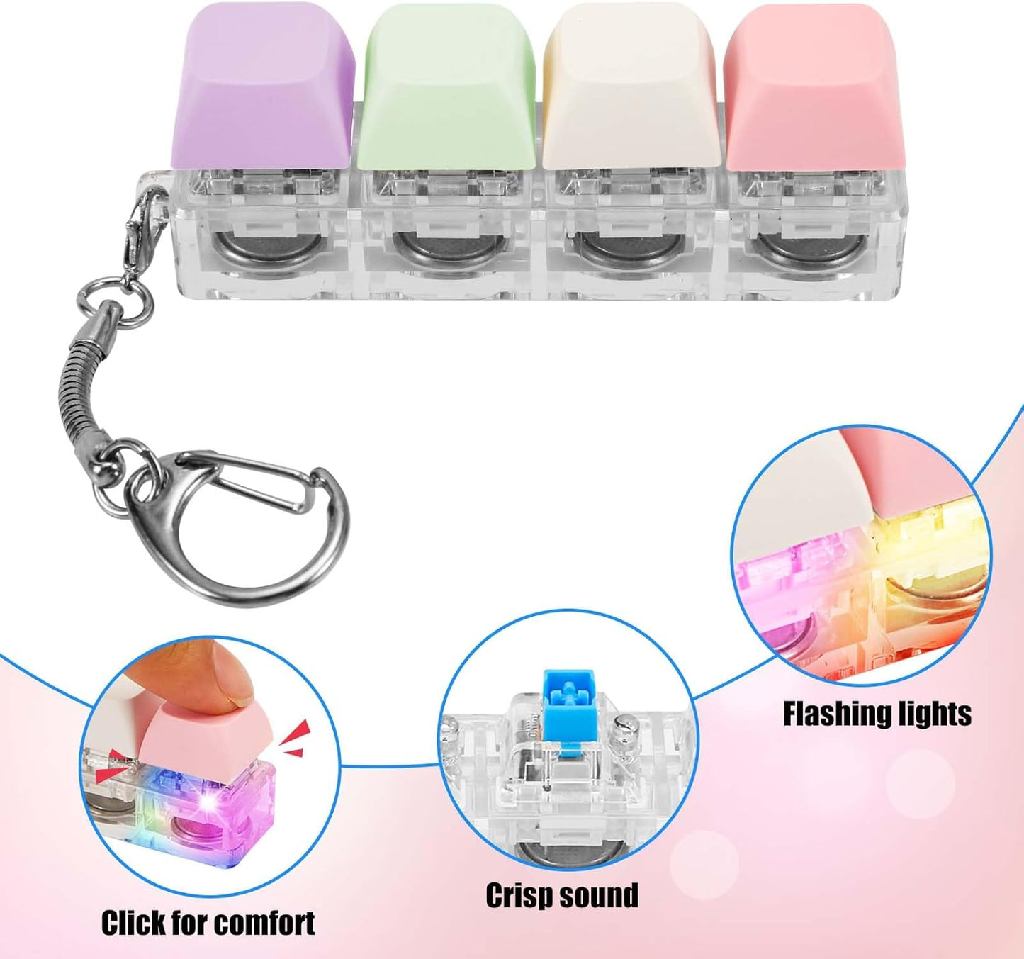 Keyboard Fidget Toy for Adults, Fidget Keyboard Keychain with LED Light Keyboard Fidget Clicker Funny Button Fidget Toy for Decompression Decoration (Color B)