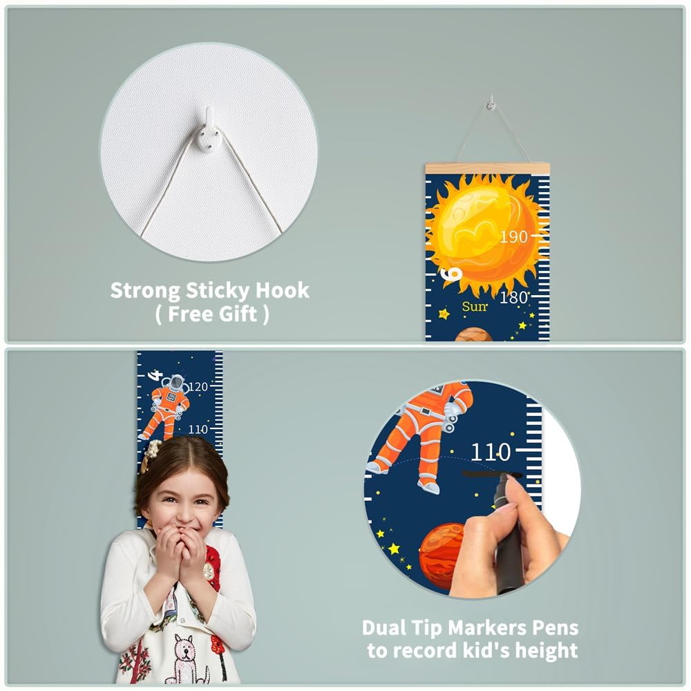 Baby Height Growth Chart - Canvas Height Chart for Kids Baby Child Toddler Boys Girls Growth Chart for Wall Room Nursery Decor Hangable and Removable Measuring Wall Ruler (Cactus Giraffe, Beige Wood)