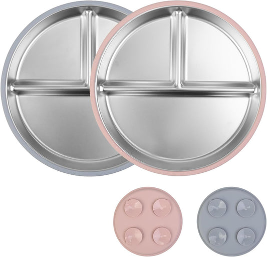 ShineMe Stainless Steel Kids Plates 2 Pack, 9”Suction Plates for Baby with Removable Colored Silicone Sleeves, Unbreakable Toddler Divided Plate Non Toxic for Snack, Meal...