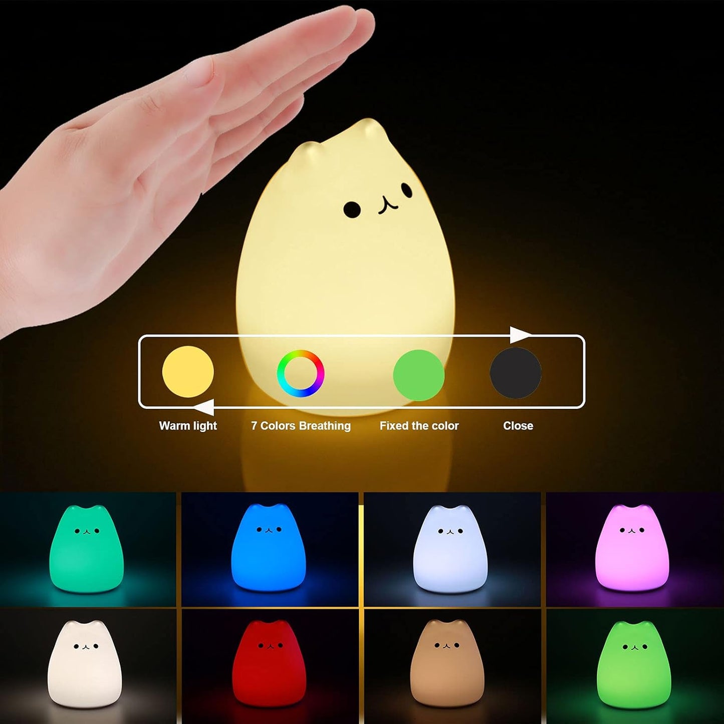 LED Night Light for Kids, Cute Nursery Color Changing Cat Night Light with Tap Control, Battery Powered Portable Squishy Silicone Soft Lamp Gifts for Baby Girls Boys Toddler Children Bedroom