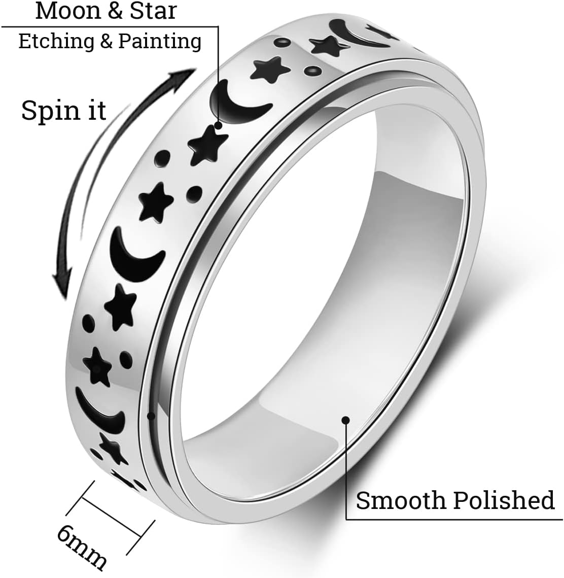 OreilleStar Anxiety Ring for Women Fidget Ring Anxiety Relief Items Spinner Rings for Anxiety Silver Moon Star Fidget Rings for Women men Anxiety Band Ring