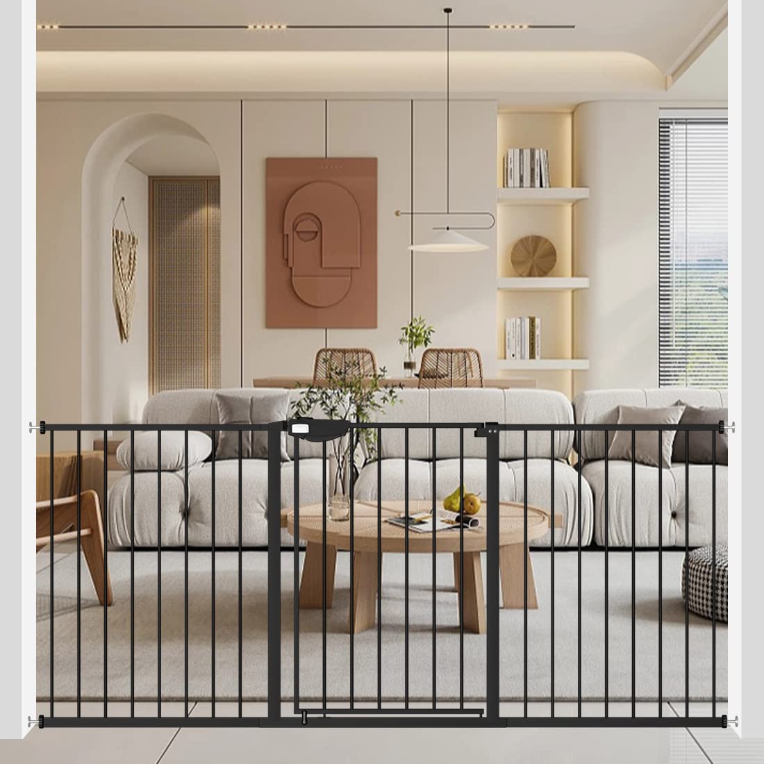 WAOWAO Triple Lock Baby Gate Extra Wide 81.49-86.22" Pressure Mounted Walk Through Swing Auto Close Safety Black Metal Dog Pet Puppy for Stairs,Doorways