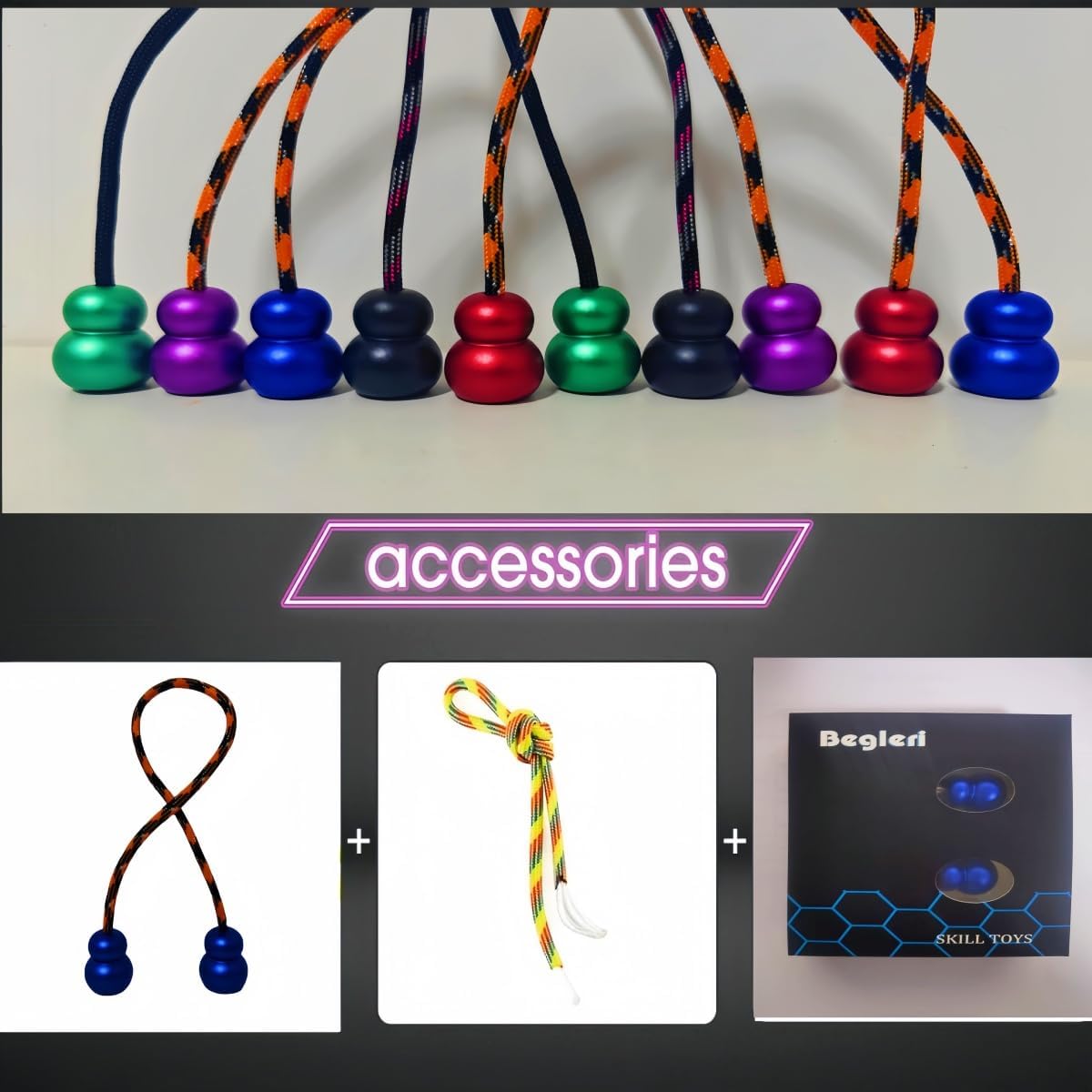 Begleri Fidget Beads, Aluminum Alloy- Practicing EDC Knuckle Finger Skill, Stress Relief Toy for Adult Relieve Anxiety Worry/with Replaceable Rope (Blue)