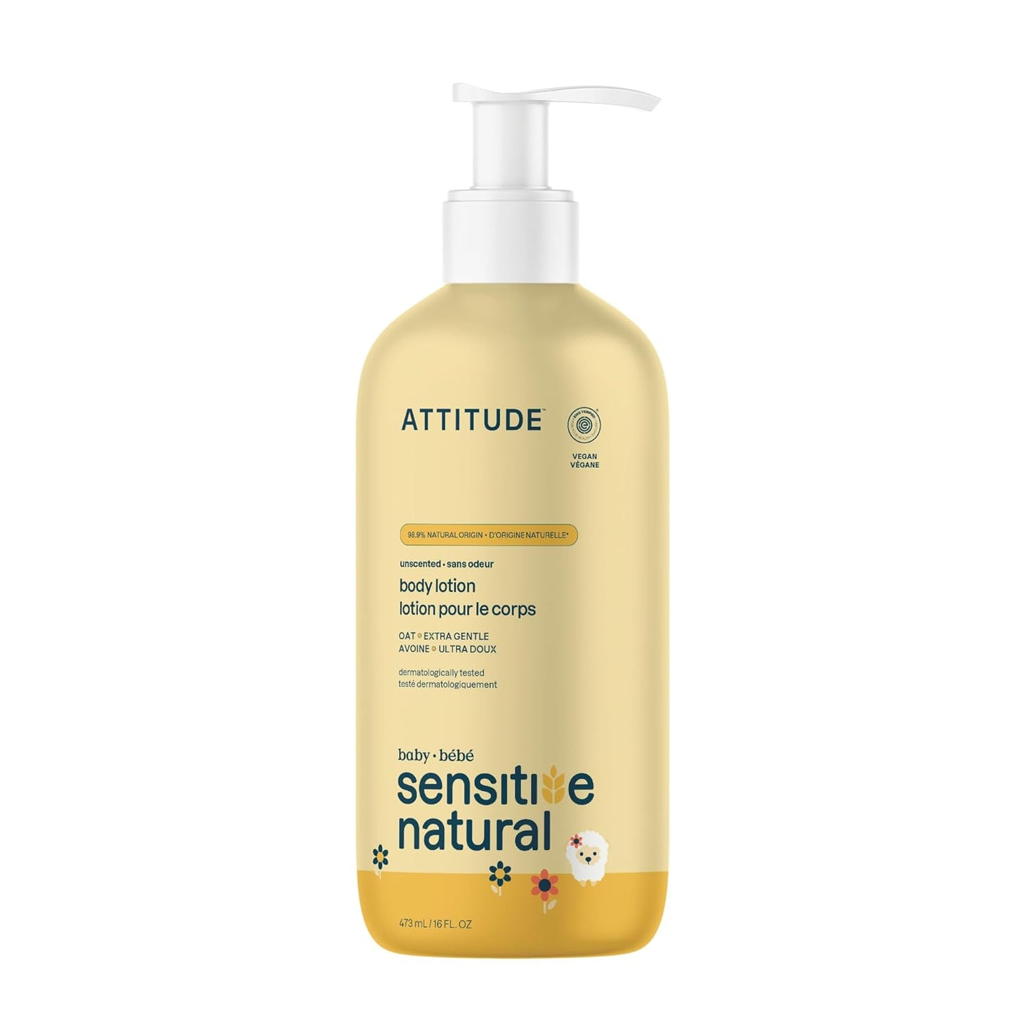 ATTITUDE Body Lotion for Baby, EWG Verified, Plant and Mineral-Based Ingredients, Vegan Personal Care Products, Sensitive Skin, Unscented, 16 Fl Oz