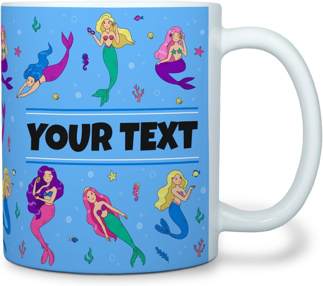 Personalized Mug for Kids - Mermaids - Custom Name/Text, Ceramic Hot Chocolate/Cocoa/Coffee Cup for Girls, Birthday/Christmas/Holiday Gift - 11 oz, White Handle