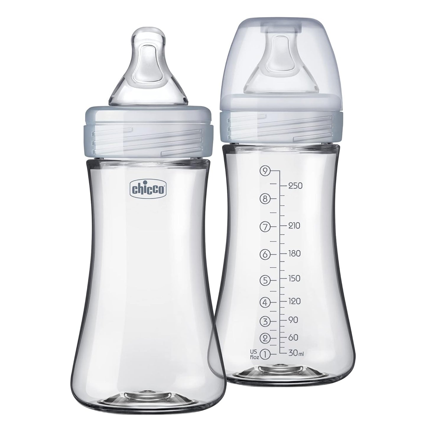 Chicco Duo 9oz. Hybrid Baby Bottle with Invinci-Glass Inside and Plastic Outside | Dishwasher, Bottle Warmer, and Electric Sterilizer Safe | Intui-Latch Nipple | Clear/Grey, 2pk