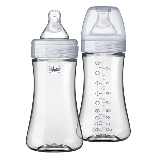 Chicco Duo 9oz. Hybrid Baby Bottle with Invinci-Glass Inside and Plastic Outside | Dishwasher, Bottle Warmer, and Electric Sterilizer Safe | Intui-Latch Nipple | Clear/Grey, 2pk