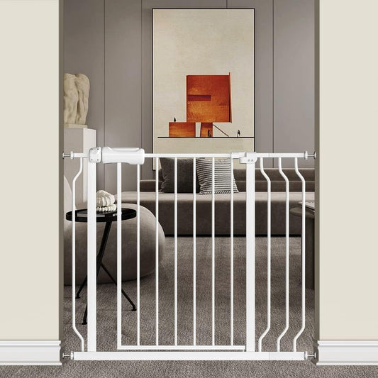 TSAYAWA Extra Wide Baby Gate with Door,33.8-38.5 Inch Walk Through Large Long Child Gates for Stair Doorway - Indoor Outdoor Safty Gate for Toddler Pet Dog Doggie White