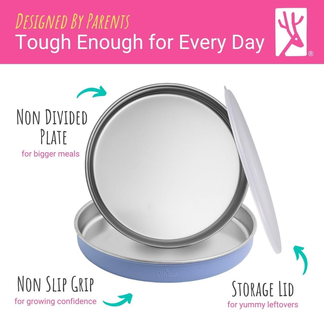 Elk and Friends 7.8” Stainless Steel Non Divided Plates with Silicone Sleeve + Storage Lid | Baby, Toddler, Kids | Dishwasher Safe | Dinner & Snack Plates | 4 Pack