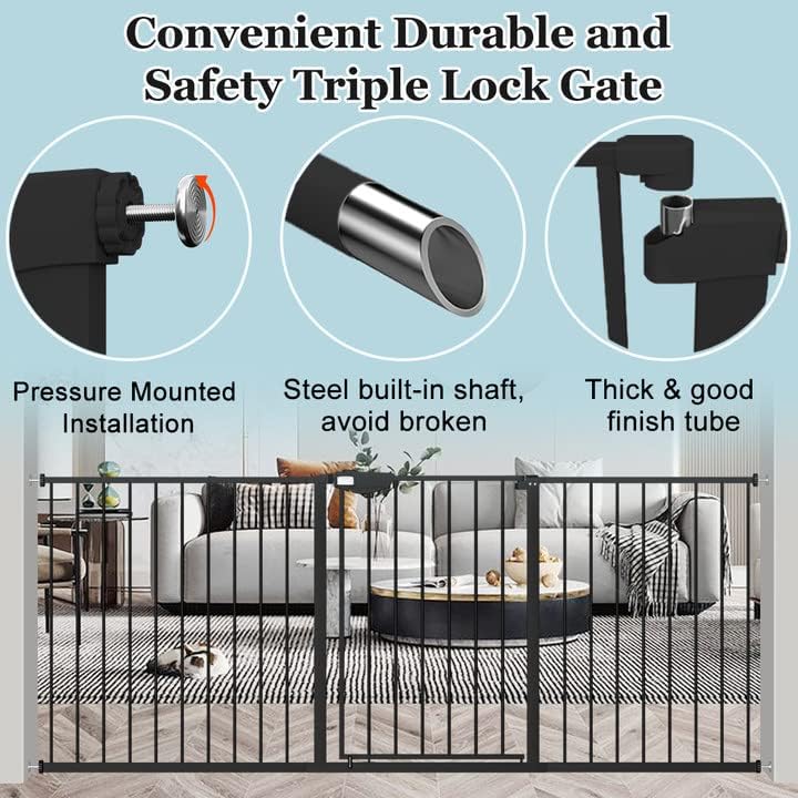 WAOWAO Triple Lock Baby Gate Extra Wide 35.04-38.97" Pressure Mounted Walk Through Swing Auto Close Safety Black Metal Dog Pet Puppy for Stairs