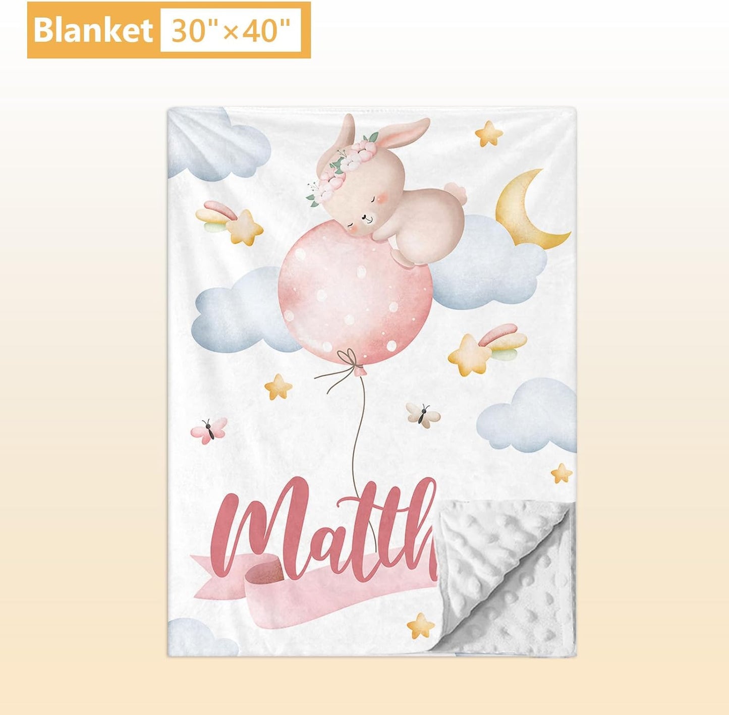 Personalized Baby Crib Bedding Set, 5 Pcs Custom Name Baby Crib Set with Double Layer Blanket, Soft Balloon Bunny Nursery Bedding Set for Girls Boys, Customized Gifts for Infants Toddlers