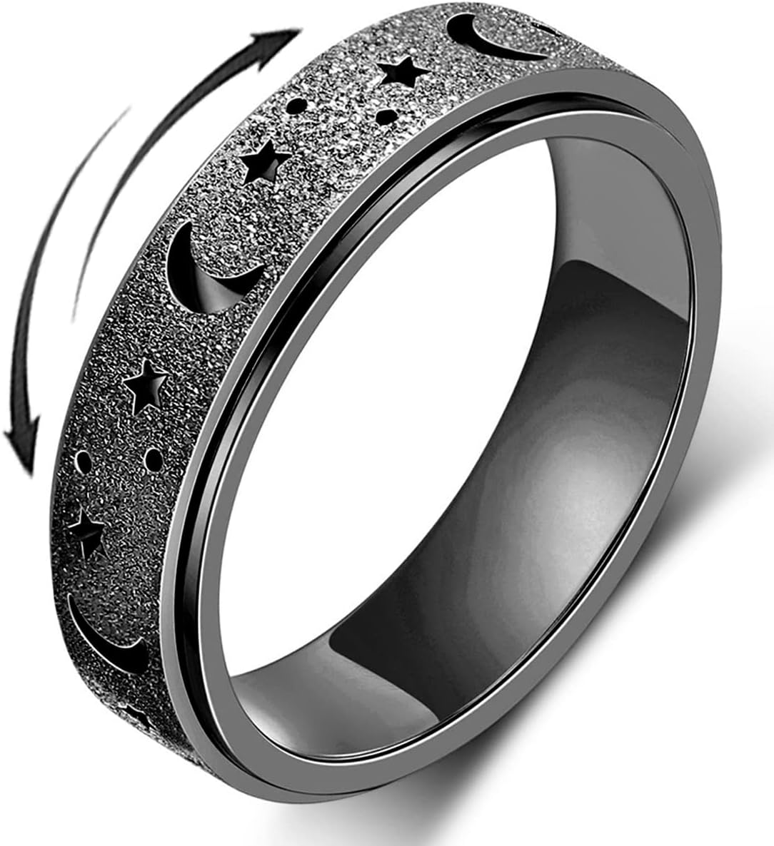 Anxiety Ring for Women Men, Titanium Stainless Steel Spinner Ring, 5 Colors, 6MM, Size 6-10, 3 Styles Anxiety Ring-Moon Star, Sandblasted Finished, Hollow Outer