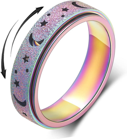 Anxiety Ring for Women Men, Titanium Stainless Steel Spinner Ring, 5 Colors, 6MM, Size 6-10, 3 Styles Anxiety Ring-Moon Star, Sandblasted Finished, Hollow Outer