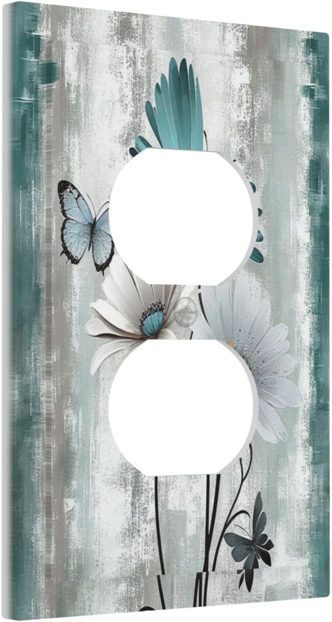 Outlet Covers Rustic Teal Daisy Floral Flowers Butterfly Wood Grain 1 Gang Duplex Wall Plate Decorative Switch Plates Electrical Receptacle Faceplate Light Switch Cover for Bathroom Bedroom