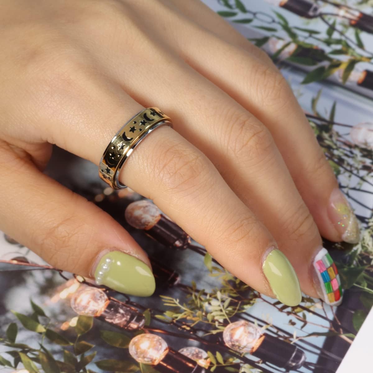 Anxiety Ring for Women Men, Titanium Stainless Steel Spinner Ring, 5 Colors, 6MM, Size 6-10, 3 Styles Anxiety Ring-Moon Star, Sandblasted Finished, Hollow Outer