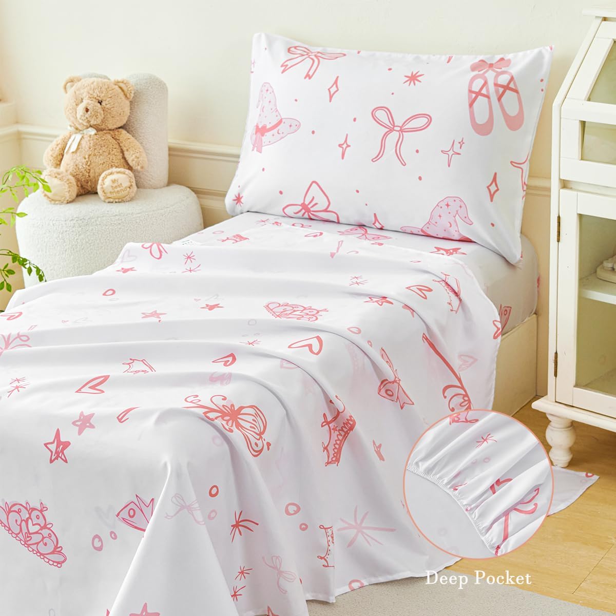 PERFEMET 4 Pieces Bow Comforter for Toddler Girls Reversible Bowknot Pink Toddler Bedding Set Ultra Soft Lightweight Princess Crib Bed Set with Sheets