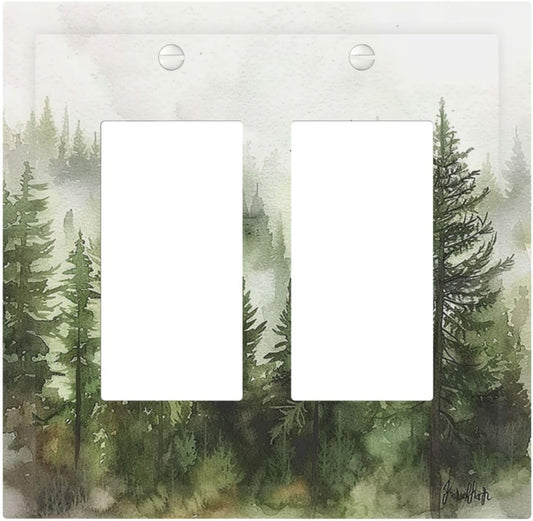 Decorative Outlet Covers Green Forest Watercolor Painting Foggy Pine 2 Gang Double GFCI Rocker Electrical Wall Panels Light Switch Cover Plate for Bedroom living Room Decor