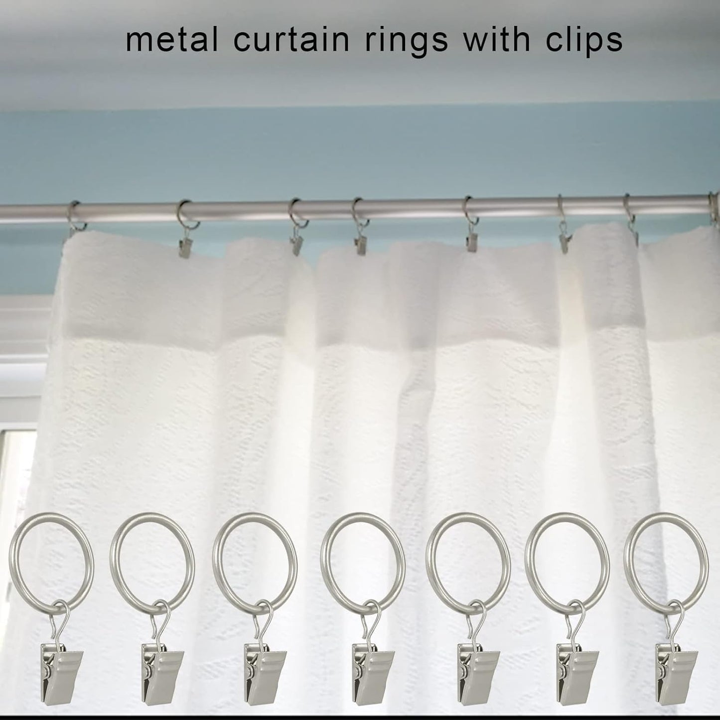 100 Pack Matte Silver Curtain Rings with Clips, Curtain Hooks Hangers Clip Rings for Hanging Drapes Bows Hat, Drapery Rings 1 in I D, Fits up to 5/8 in Diameter Curtain Rod.