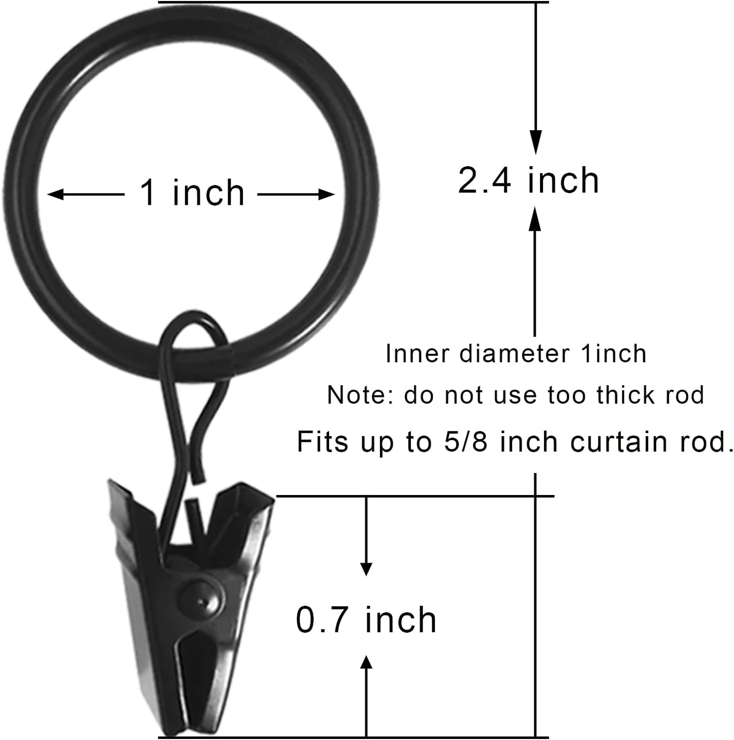 100 Pack Black Curtain Rings with Clips, Curtain Hooks Hangers Clip Rings for Hanging Drapes Bows Hat, Drapery Rings 1 in I D, Fits up to 5/8 in Diameter Curtain Rod.