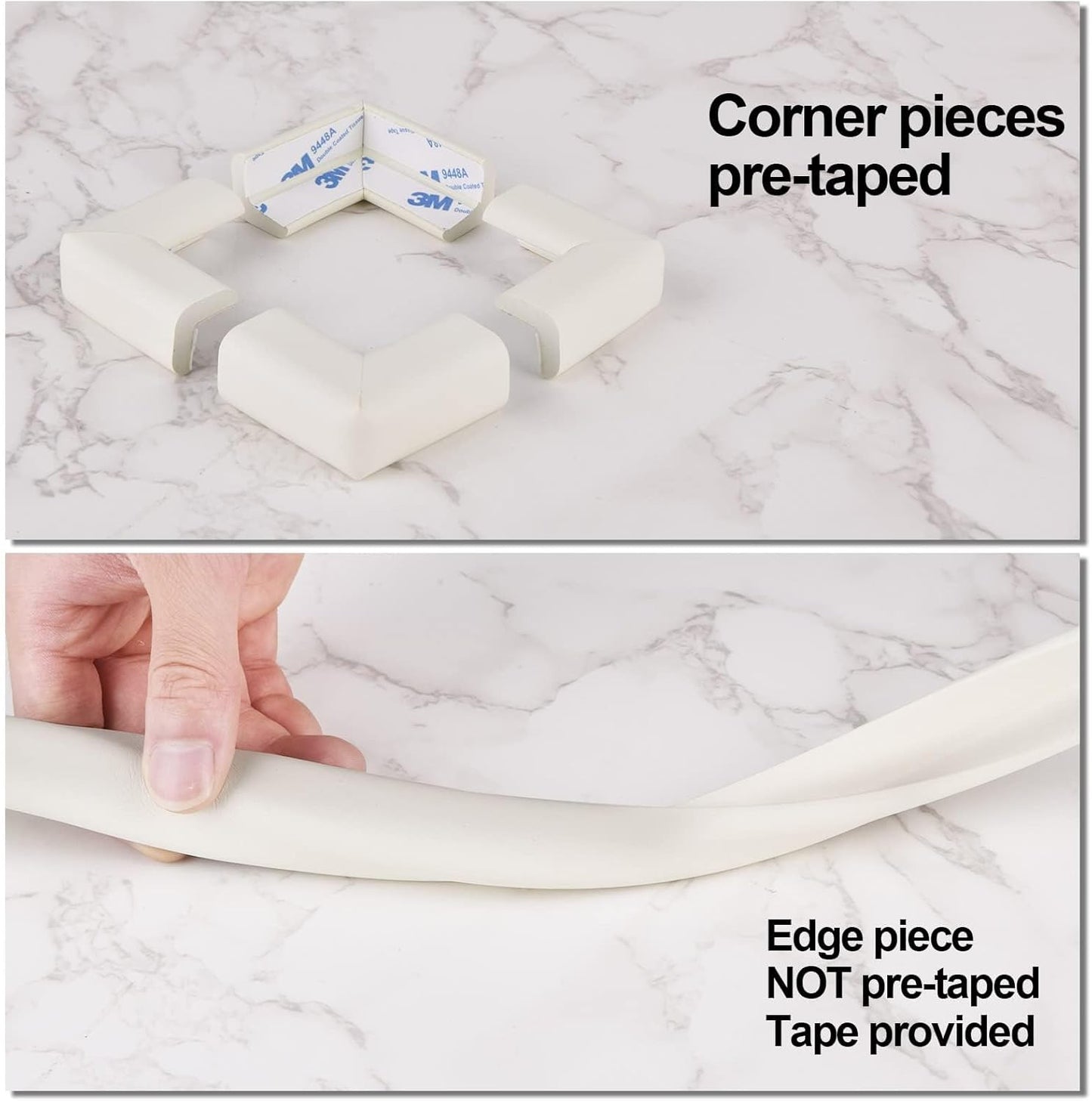Edge Corner Protector Baby Proofing (Large 20ft Edge 8 Corners), Durable, High Density Rubber Foam, Fireplace Stair Furniture Safety Bumper Guard, 3M Double-Sided Tape, White