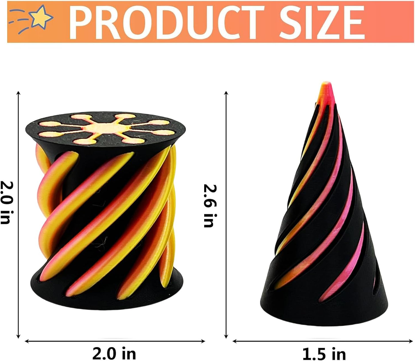 Impossible Pyramid Passthrough Sculpture - 2Pcs 3D Printed Spiral Cone Fidget Toy, Stress and Anxiety Relief Toy, Pass Through Pyramid Fidget Toy for Adult Children (Colorful-Orange)