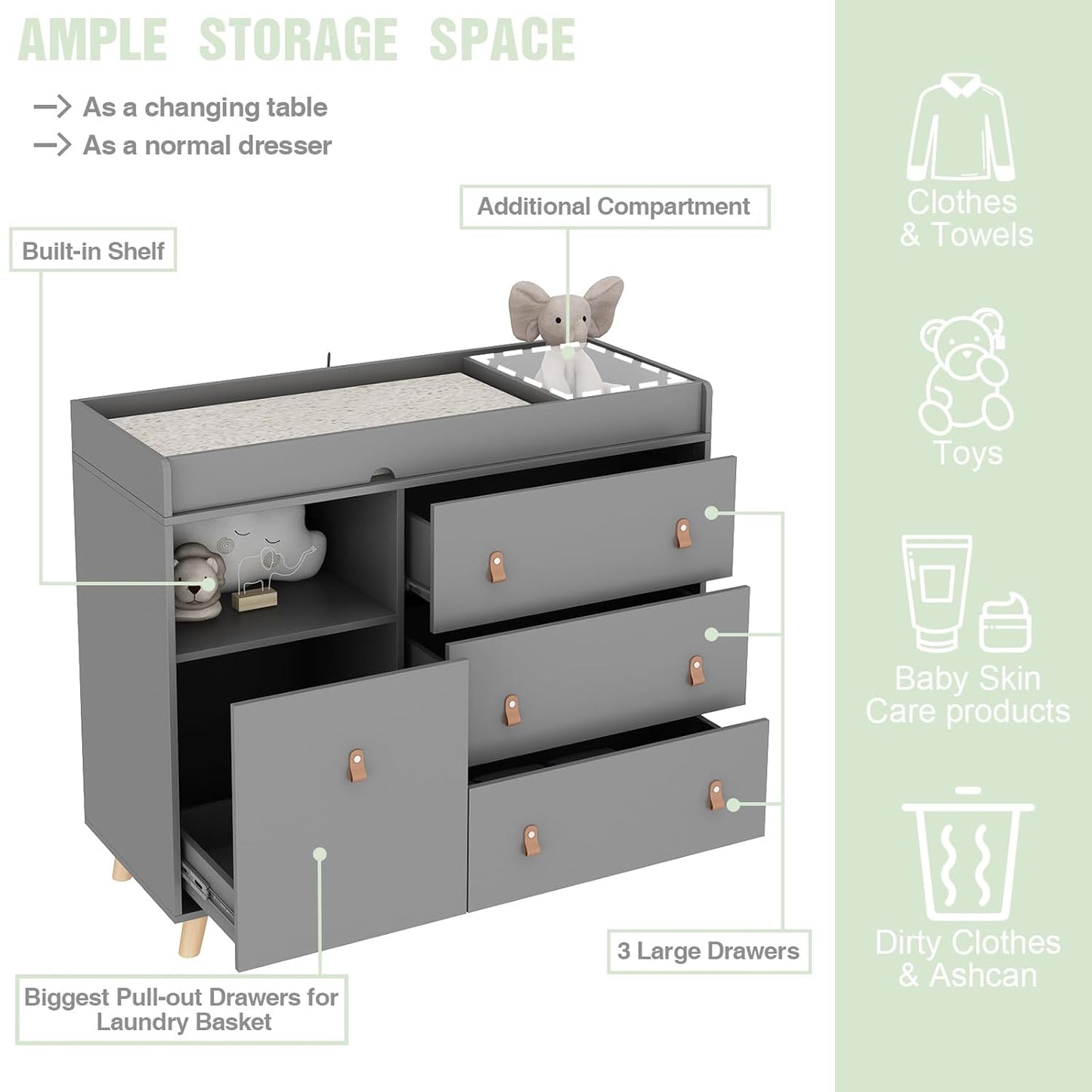 Baby Dresser Changing Table with Drawers,Shelf,Hidden Laundry Basket Storage,2 in 1 Nursery Dresser Chest for Infants, Baby Diaper Changing Station for Daycare,Bedroom,Grey