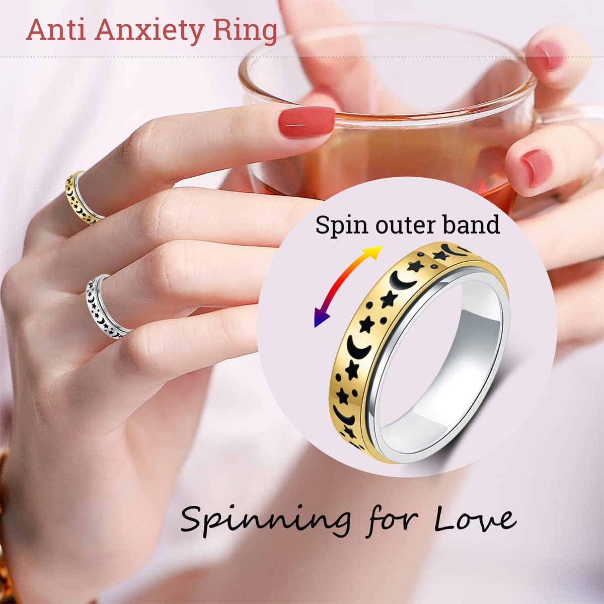 OreilleStar Anxiety Ring for Women Fidget Ring Stainless Steel Fidget Toys Adults Spinner Rings Silver Moon Star Fidget Rings