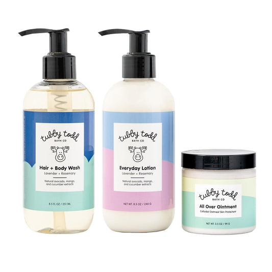 TUBBY TODD 3-Step Baby Bath & Skincare Routine - The Regulars Bundle - 8.5oz Baby Shampoo and Body Wash, 8.5oz Everyday Lotion & 3.5oz All Over Ointment - Lavender Rosemary