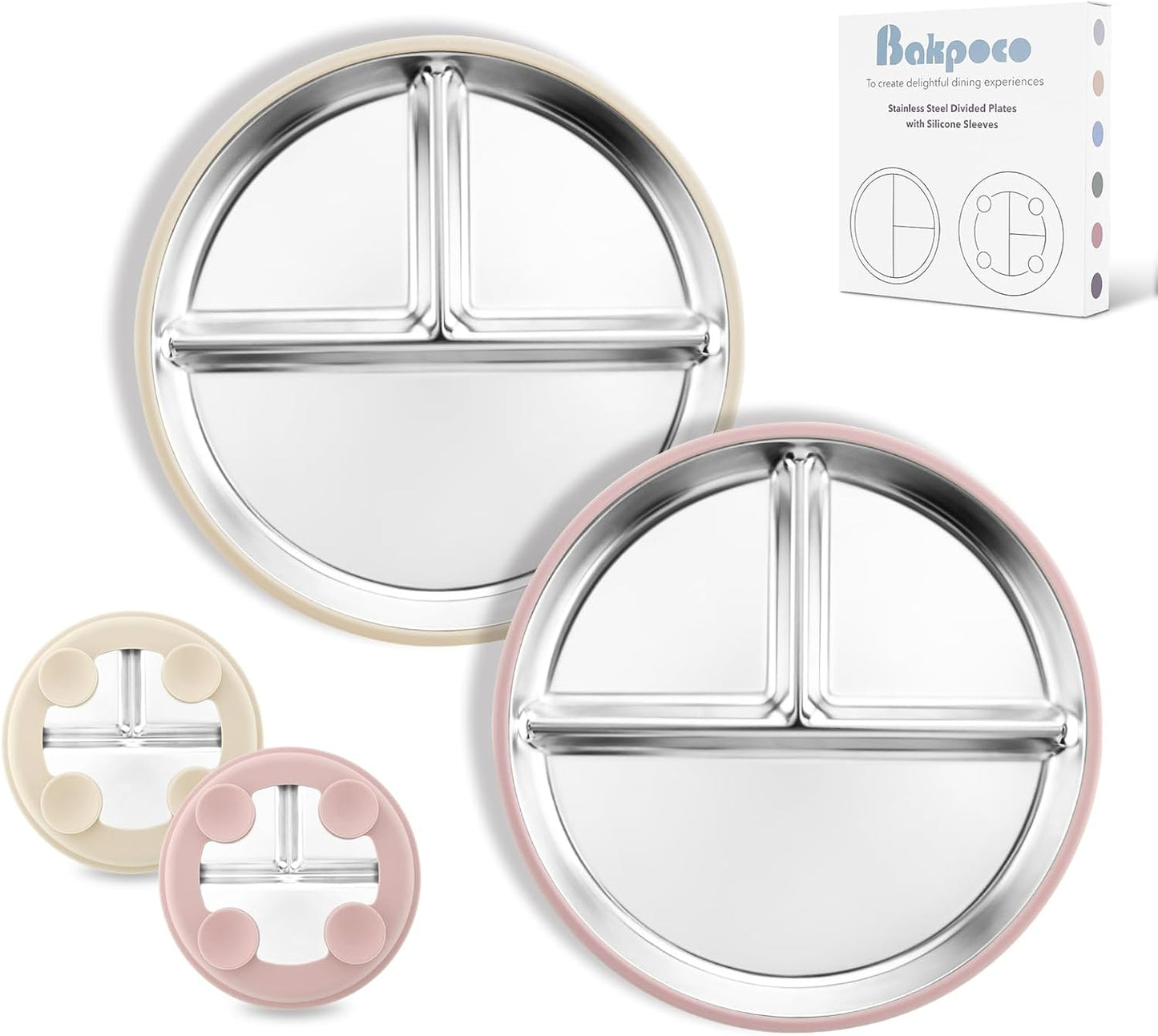 Stainless Steel Baby Plate with Suction, 8” Divided Toddler Plates with Removable Silicone Sleeves for Kids, Non-Toxic Non-Slip Unbreakable Dishwasher Safe Dinnerware Set of 2, Pink & Beige
