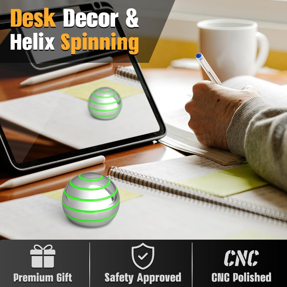 Kinetic Spinning Desk Toy Glow in The Dark for Kids Adults, Metal Full Body Optical Illusion Fidget Spinner Ball, Luminous Fingertip Gyro for Office Stress Relief, Birthday Gifts for Boys