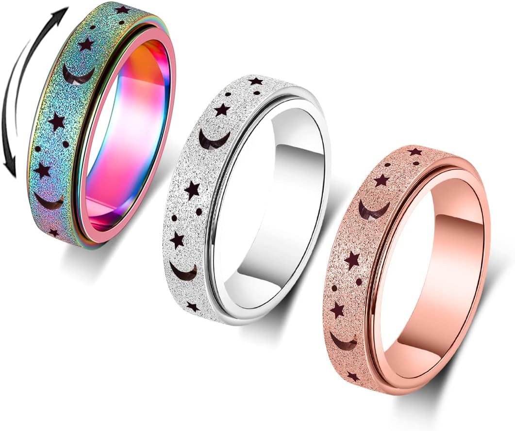 Anxiety Ring for Women Spinner Ring Fidget Ring Stainless Steel Spinner Rings Fidget Toys Adults Fidgit Rings Set Rose Gold Silver Rainbow Size 7