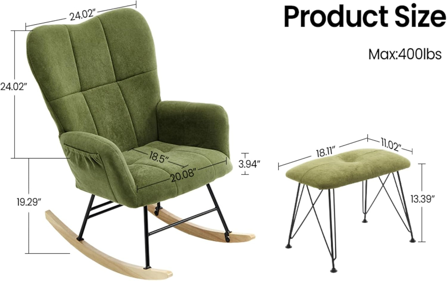 KEEZY Nursery Rocking Chair with Stool Upholstered Glider Rocker Rocking Accent Chair Padded Seat with High Backrest Armchair Comfy Side Chair for Living Room Bedroom Offices (Green)