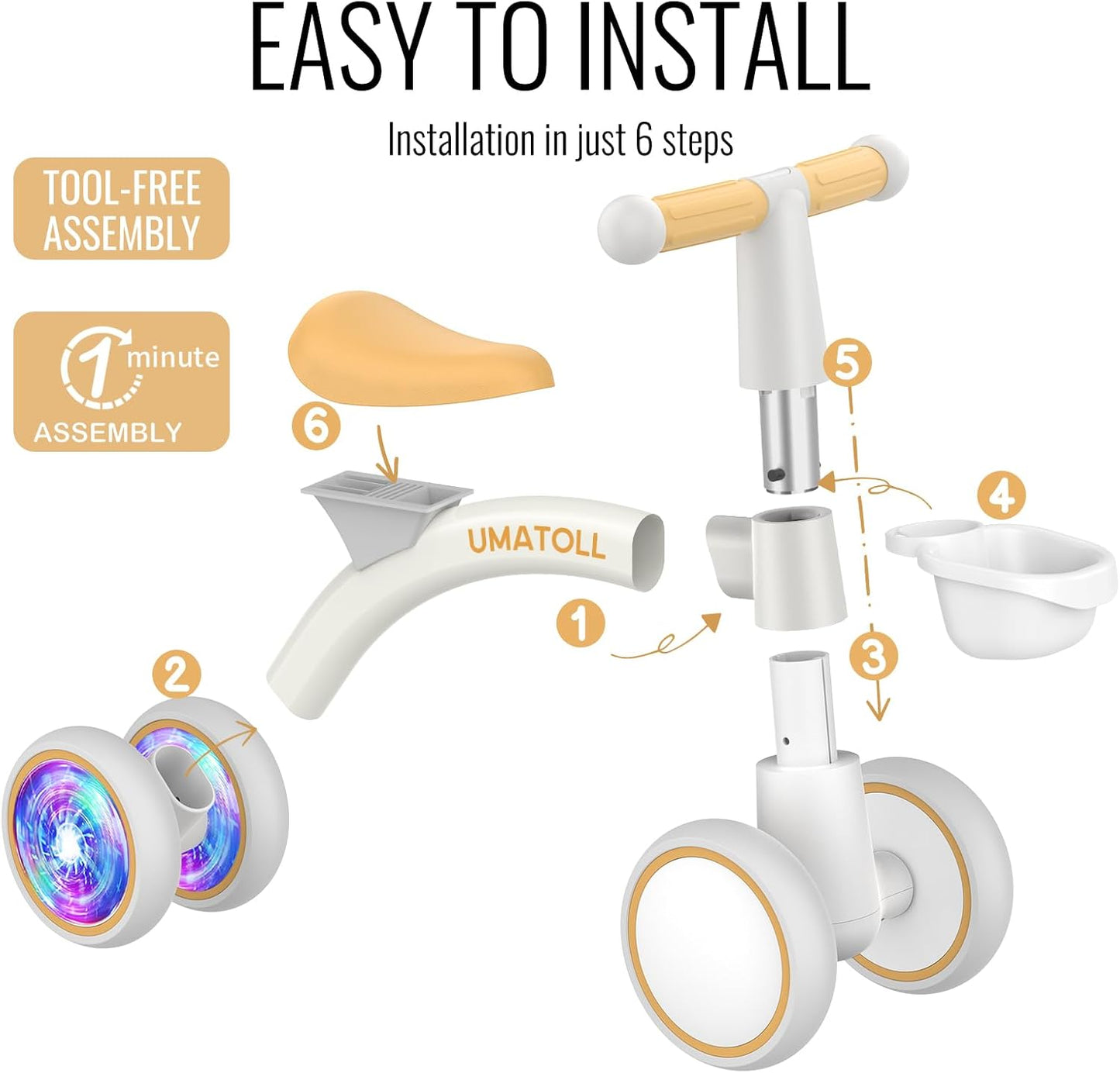 Umatoll Colorful Lighting Baby Balance Bike Toys for 1 Year Old Boys Gifts, Adjustable Seat Baby Walker, One Year Old Boy Birthday Gifts, 12-24 Months Toddler First Ride on Toys