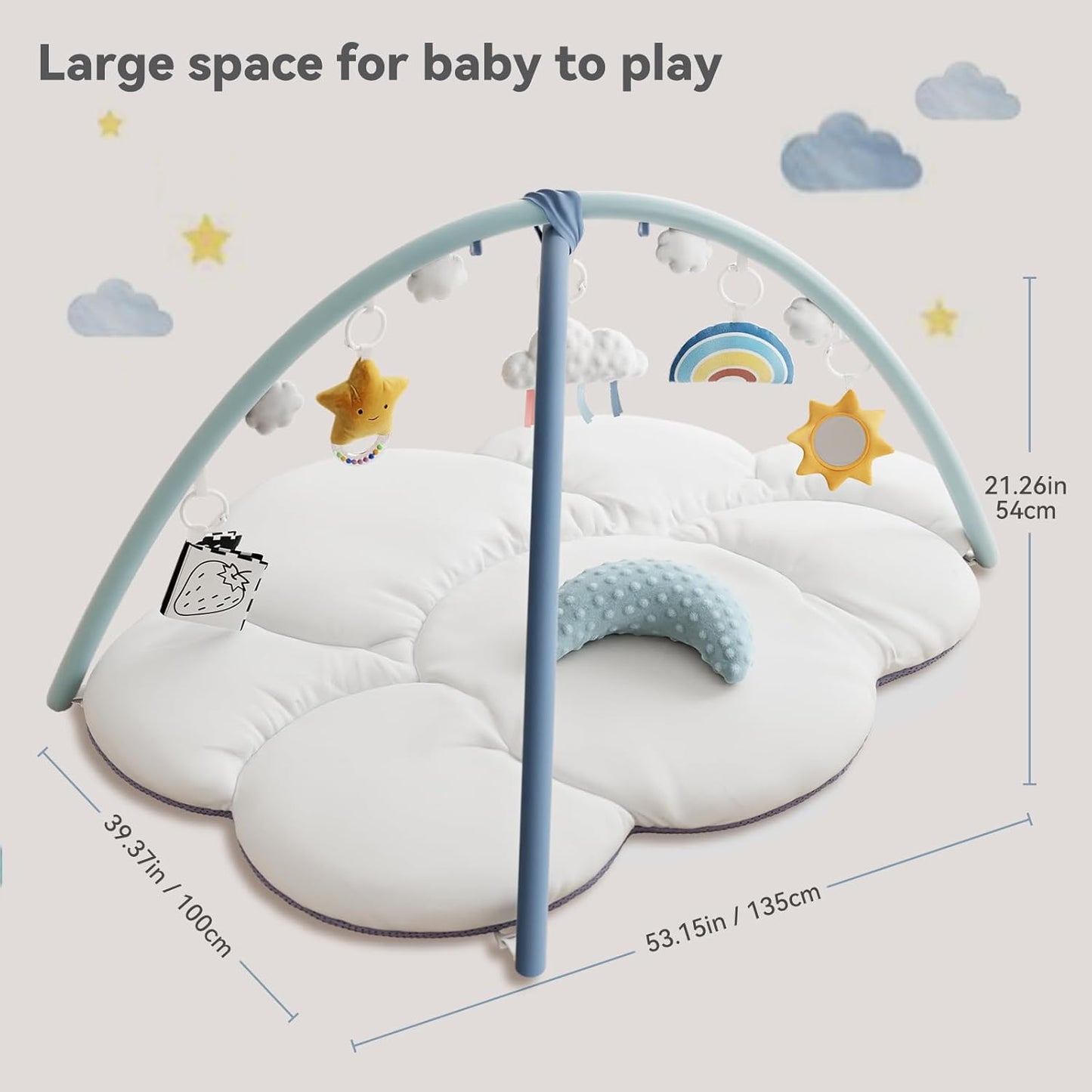 Oversized Baby Play Gym with Extra Thick Baby Play Mat – Cloud-Shaped Design, 5 Detachable Toys & Moon Pillow, Soft & Cushioned for Newborns, Promotes Sensory & Motor Development, Baby Essentials Gift