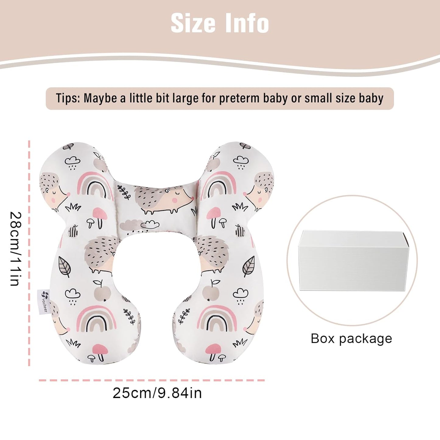 vocheer Baby Travel Pillow(Upgraded), Head and Neck Support Pillow for Pushchair, Car Seat,Stroller, Bouncer, Cotton, Hedgehog