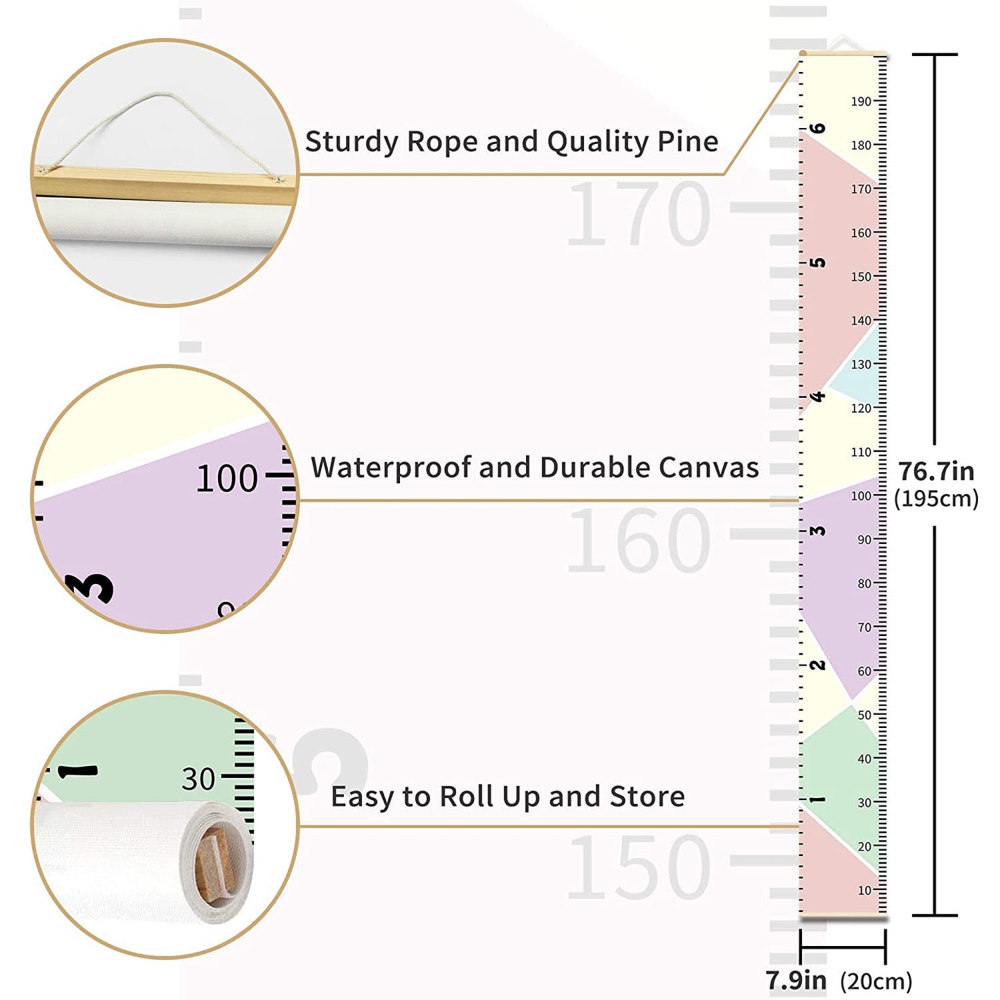 Growth Chart Wall Hanging, Portable Kids Wall Ruler Removable Height Measure Chart for Boys Girls Growth Ruler from Baby to Adult for Child's Room Decoration 79''7.9'' (Pink)
