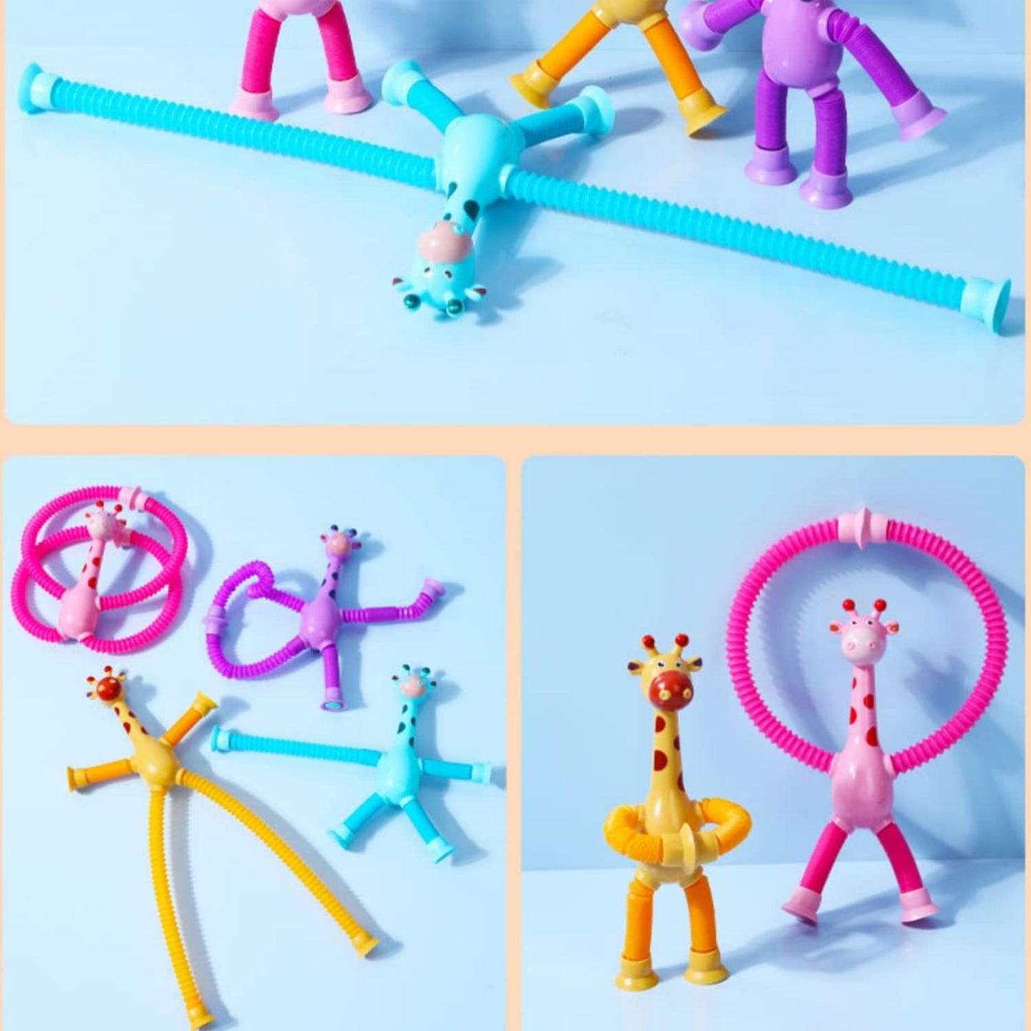 4 Pack Telescopic Suction Cup Giraffe Toy,Sucker pop Tube Giraffe,Suction Cup Toys,Animal pop Tubes,Airplane Toys for Toddlers 1-3,Toddler Travel Toys,Travel Toys for Toddlers 1-3