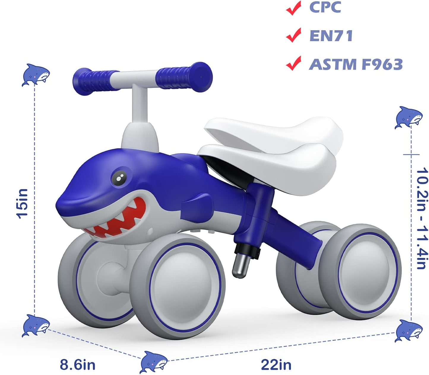 Baby Balance Bikes Seat Adjustable Toddler Riding Toy for 1 + Year Old Boys Girls, 12-48 Months Baby's First Bike First Birthday Blue Shark