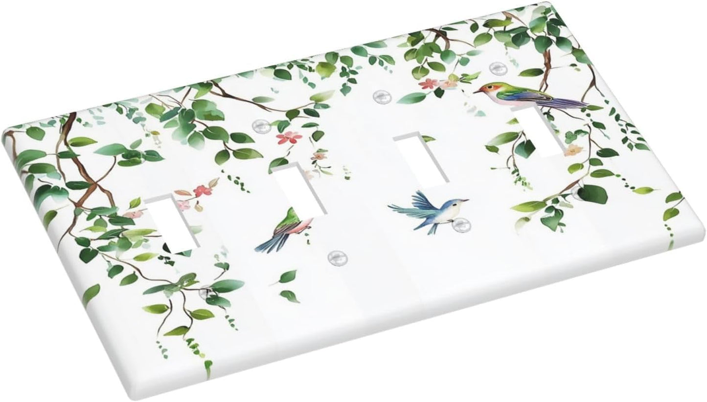 Light Switch Covers Green Leaves Bird Eucalyptus Sage Plant Quad Toggle Electrical Faceplate 4 Gang Wall Plate Decorative Switch Plates For Bed Room Living Room Decor