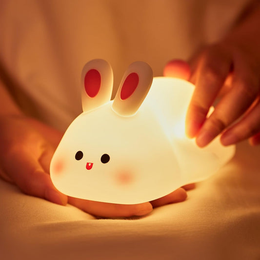 Big Face Rabbit Night Light, Adorable LED Bunny Night Lamp, Silicone Dimmable Nursery Nightlight for Girls, Silicone Rechargeable Bedside Touch Night Lights for Easter Decor