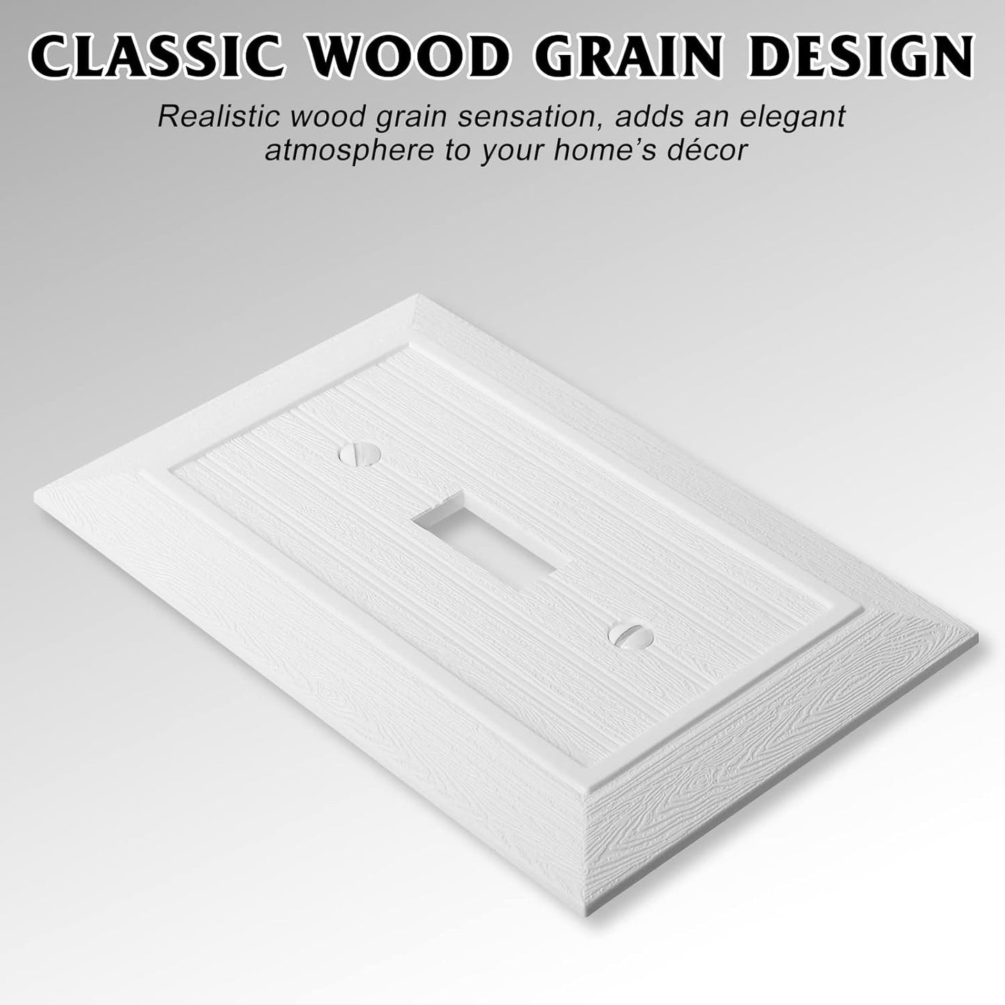 Modern Decorative Wall Plate Switch Plate Outlet Cover, Vintage Retro Wood Grain Design(Single Toggle-10 Pack, White)