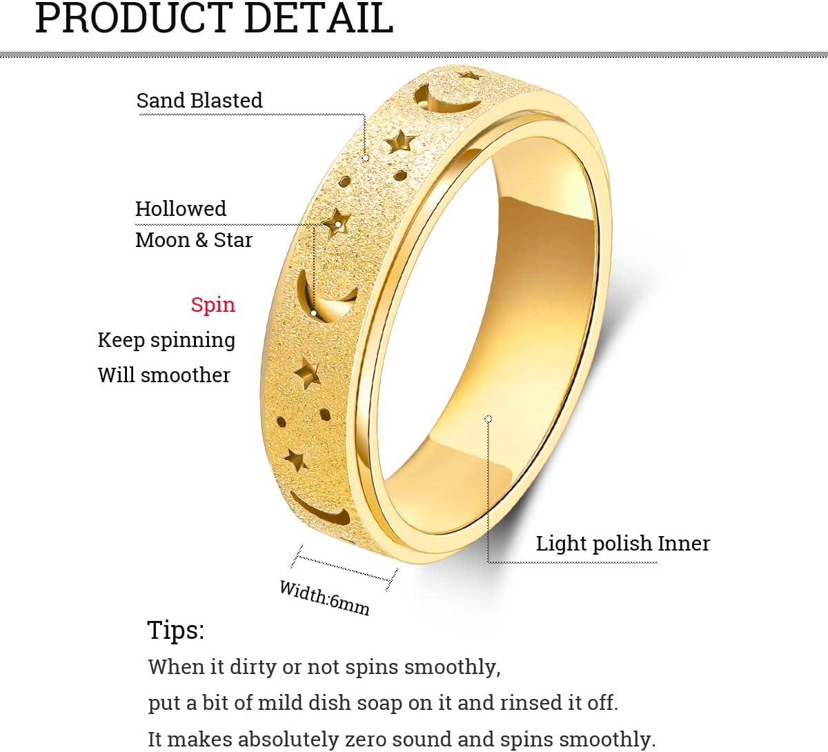 OreilleStar Anxiety Ring for Women Spinner Ring Stainless Steel Fidget Toys Adults Fidget Spinner Ring Fidgit Ring (Moon Star-Gold, 8)