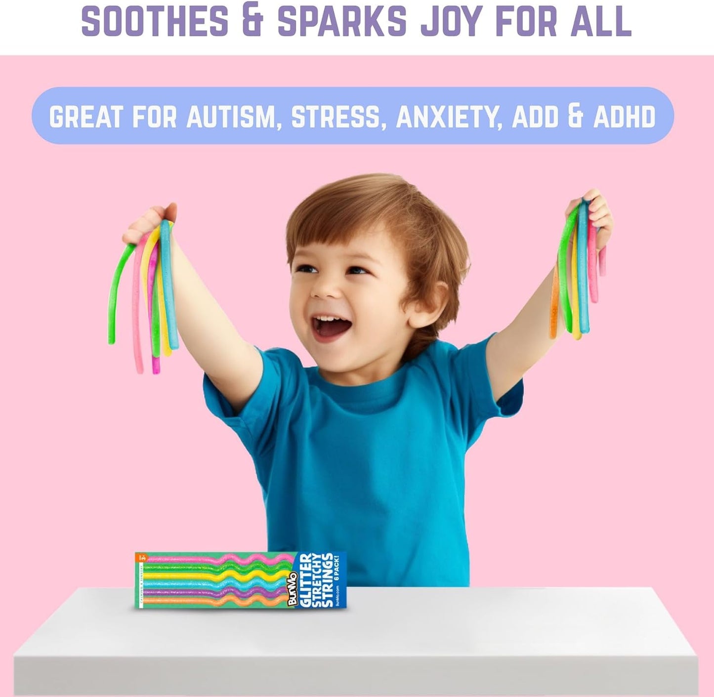 BUNMO Stretchy Strings - Sensory Toys for Toddlers 1-3 - Stimulating & Addictive Sensory Toys for Kids with Autism - Fidget Toy for Anxiety & Stress Relief - Hours of Fun for Kids - Glitter 6pk