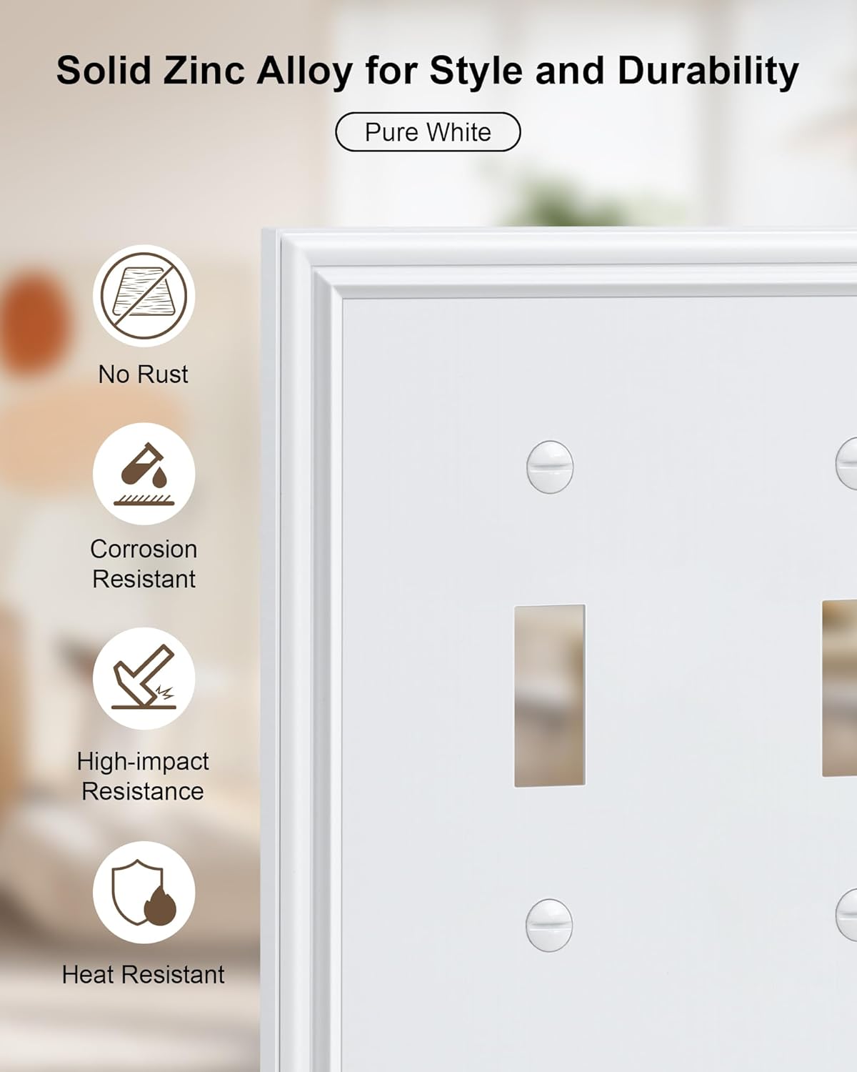 2-Pack Double Toggle Light Switch Cover Plate, Durable Solid Zinc Alloy Decorative Dual Switch Plate Covers, Pure White 2 Gang Wall Plate, Corrosion Resistant