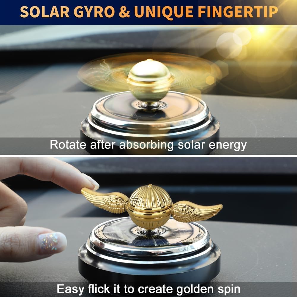 Car Air Freshener, Car Solar Energy Golden Fidget Spinner Toy with Swinging Wings for Car Interior Car Rotation Decoration Accessories, Powered by Sunshine Spinning Top Anxiety Gift for Men Boyfriend
