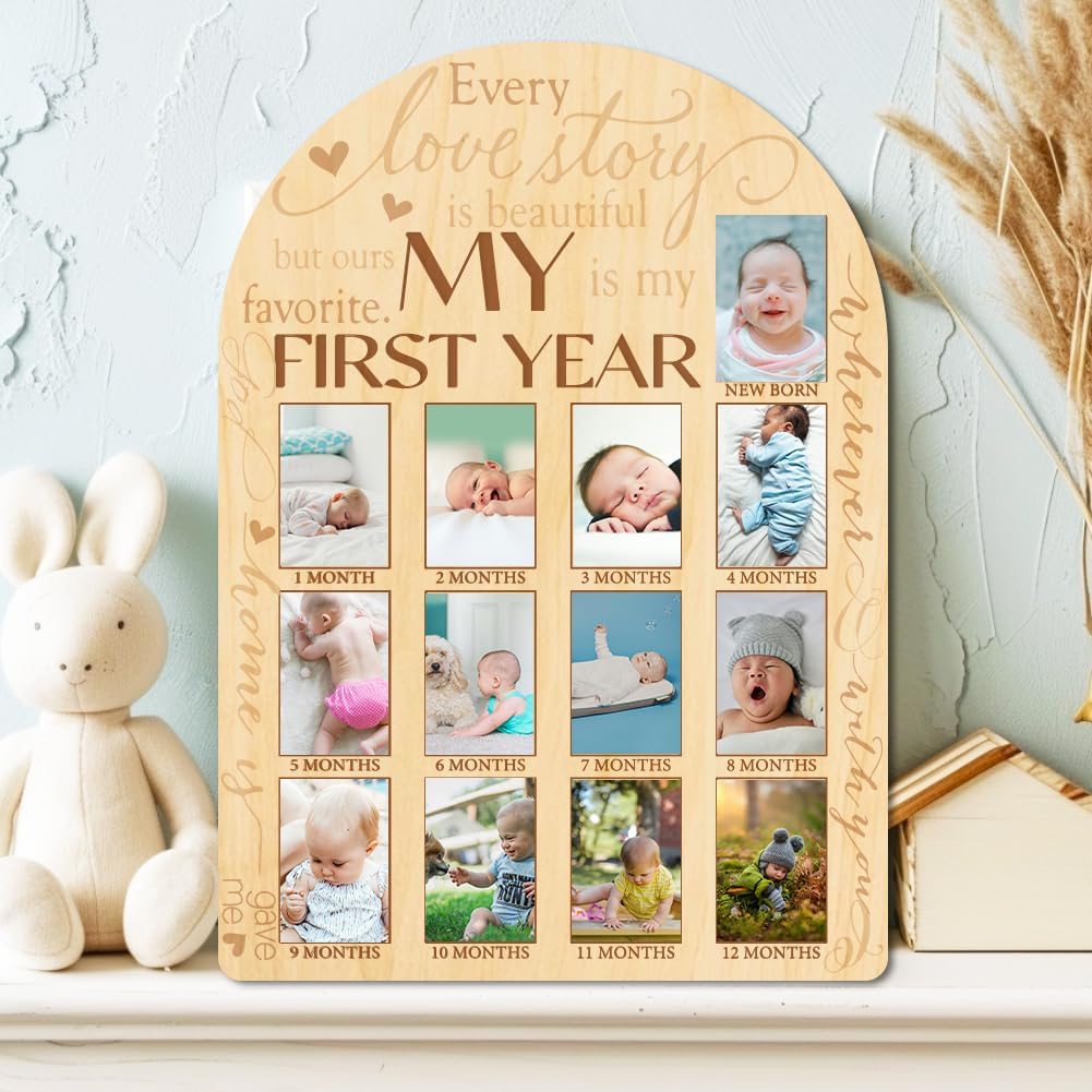 ORIGACH My First Year Baby Growth Photo Display Wood Board - 12 Months Newborn Milestones Photo Board - Neutral Baby Keepsake Board 1st Birthday Party Nursery Decor New Mom Gift - Sentiment Words