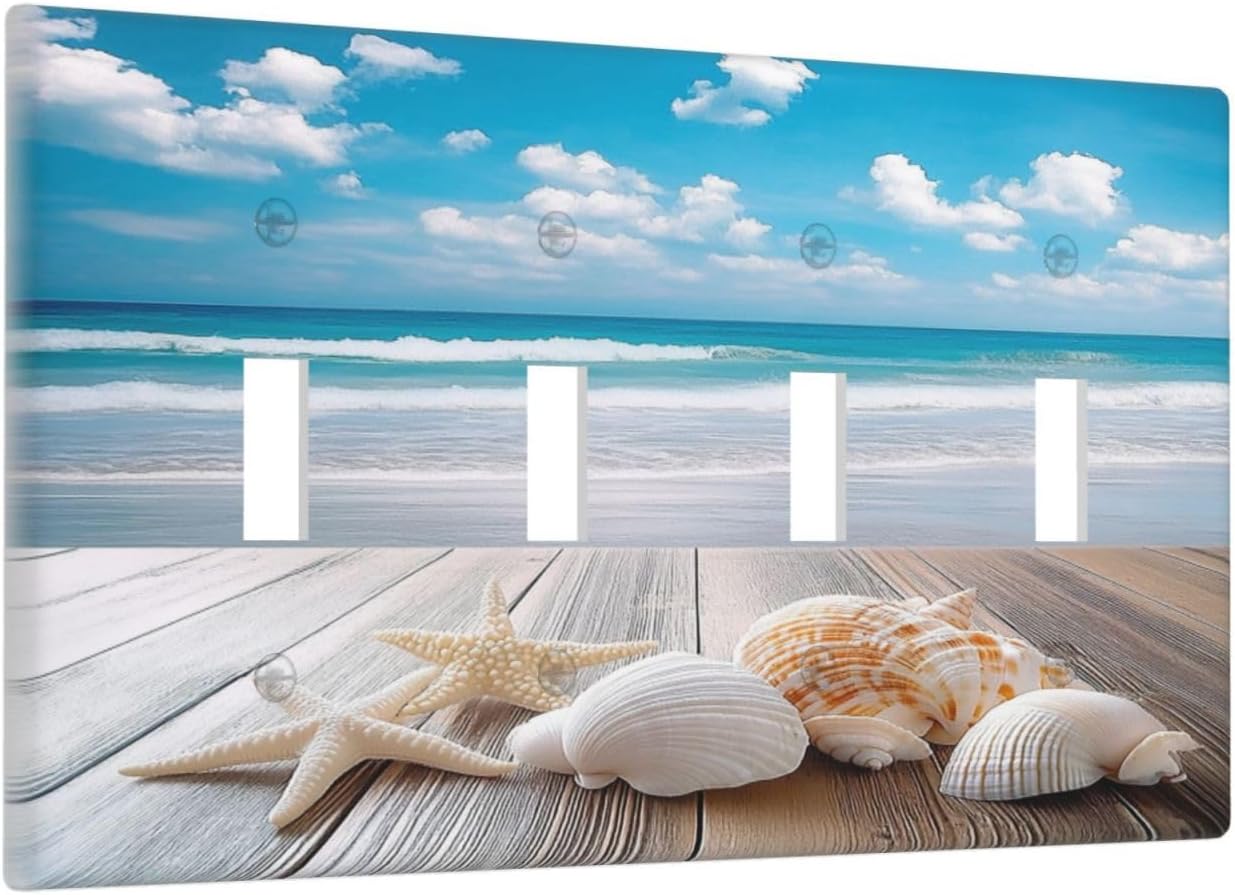 Light Switch Covers Beach Waves Brown Wood Starfish Shells Quad Toggle Electrical Faceplate 4 Gang Wall Plate Decorative Switch Plates For Bathroom Living Room Decor