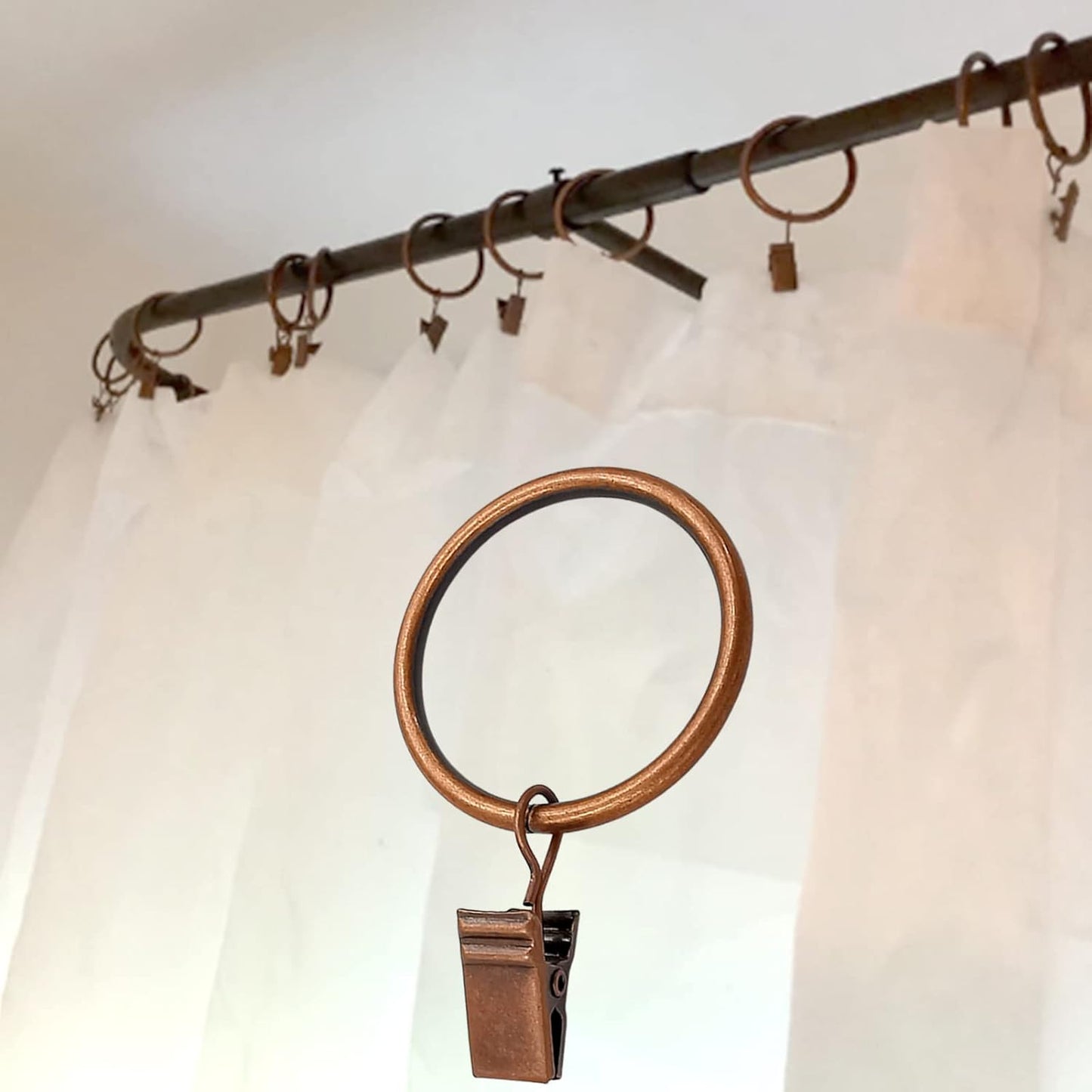 100 Pack Antique Copper Curtain Rings with Clips, Curtain Hooks Hangers Clip Rings for Hanging Drapes Bows Hat, Drapery Rings 1.5 in I D, Fits up to 1.2 in Diameter Curtain Rod.